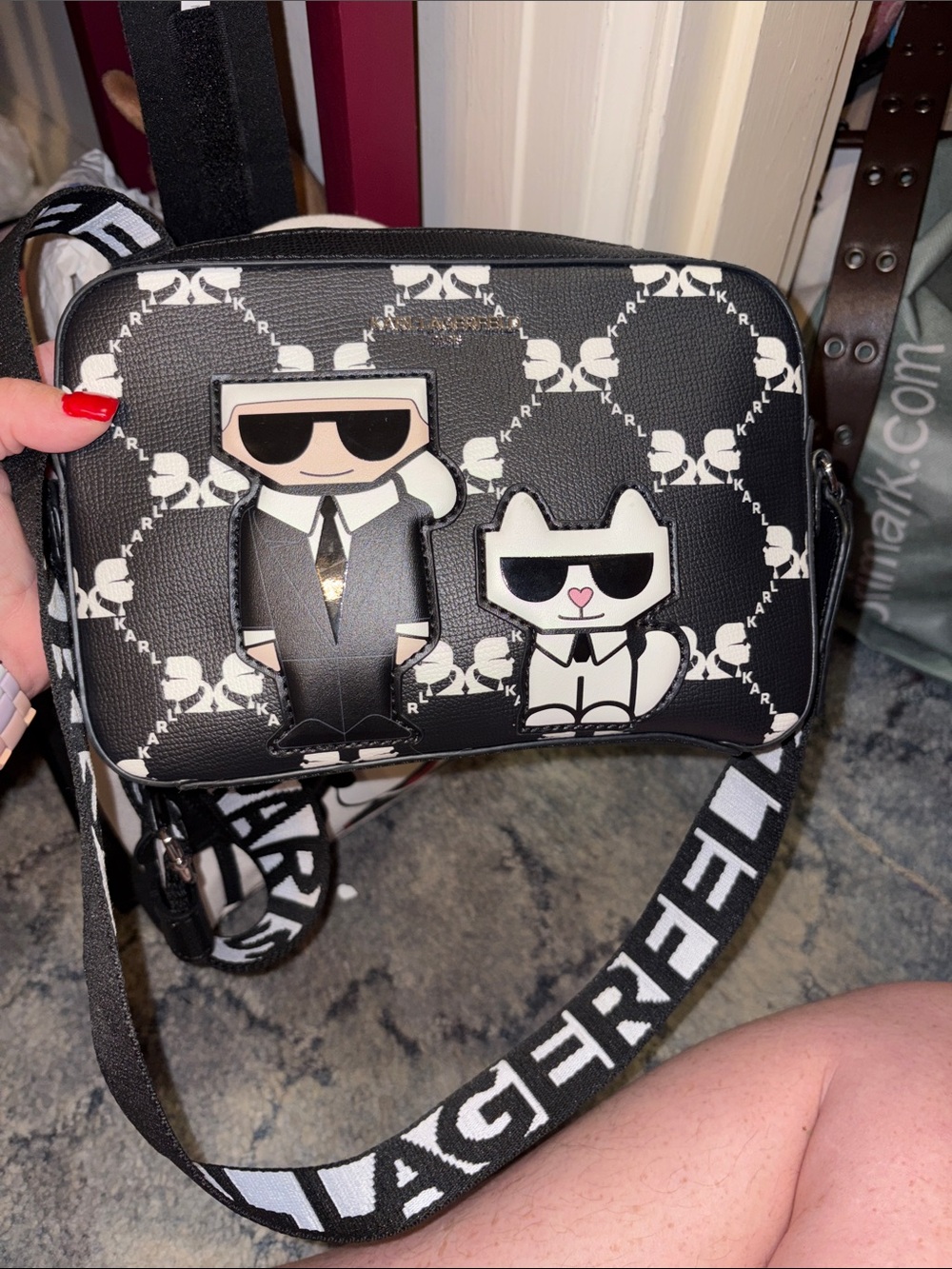 Karl Lagerfeld Black and White Logo Crossbody with Karl & Cat Appliqués